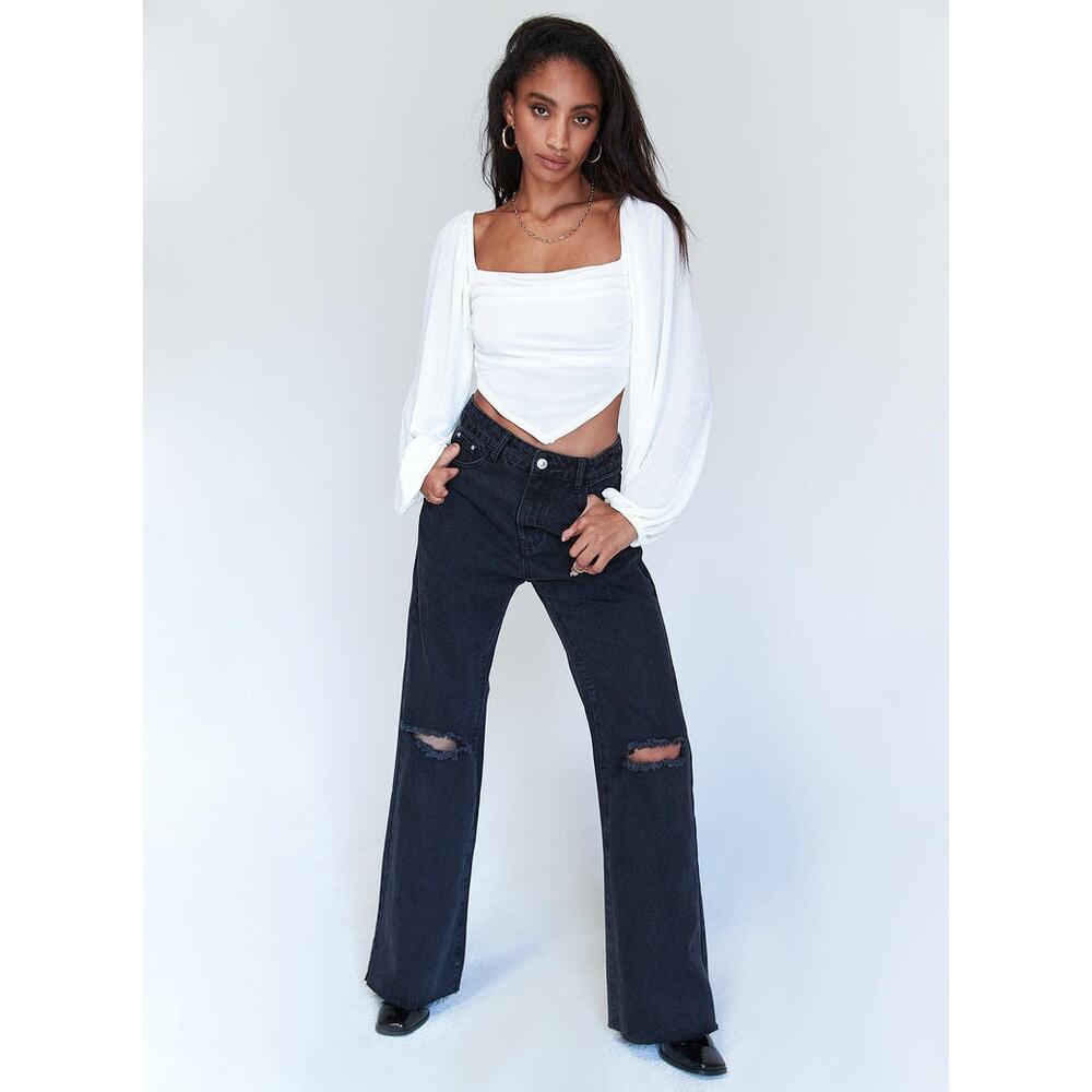 Princess Polly Jeans Denim Ripped Distressed Straight Button Fly Black Size 8
